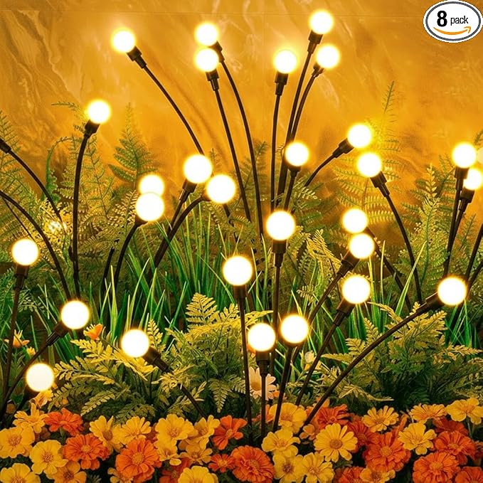 Solar Garden Lights Outdoor - 8 Pack 64LED Solar Powered Waterproof Firefly Lights for Yard Patio Lawn Pathway Decor, Swaying Warm White Glow in The Dark Lights, Unique Gifts for Women & Plant Lovers
