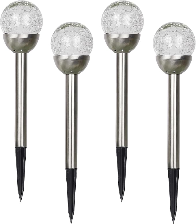 Alpine Corporation 15" H Outdoor Solar Glass Ball Pathway Lights with Color Changing LEDs, Silver - Set of 4