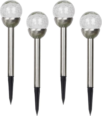 Alpine Corporation 15" H Outdoor Solar Glass Ball Pathway Lights with Color Changing LEDs, Silver - Set of 4