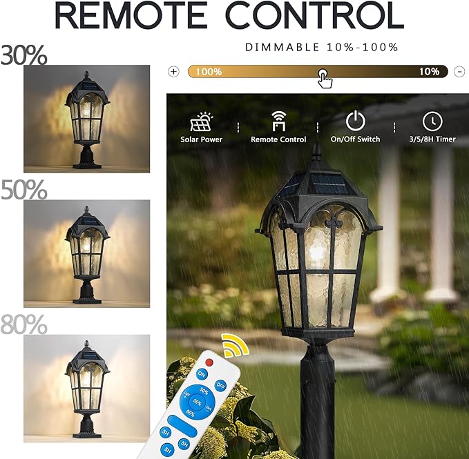 Emliviar Outdoor Solar Lamp Post Light in Black Finish, 22.1" Large Outdoor Lighting with Water Grain Glass Shade | Lumora