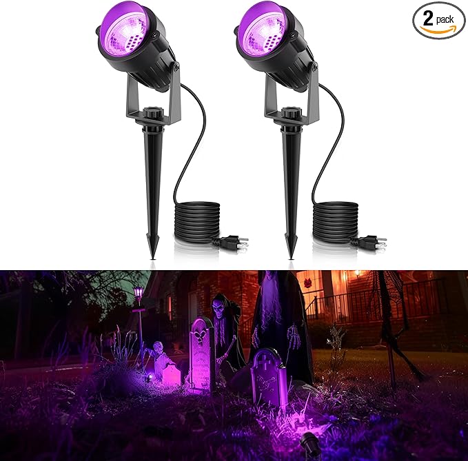 L LOHAS LED Halloween Purple Light, Spot Lights Outdoor, 10W Dusk to Dawn Sensor LED Spotlights for Yard, IP66 Waterproof Pathway Outside Lights, 9.84-ft Cord, Lawn Decor Lamp, UL Listed,2 Pack
