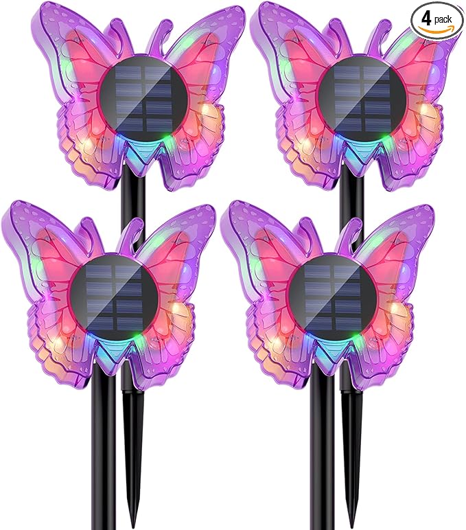 Solar Butterfly Lights Outdoor-Color-Changing 3D Glow-2-in-1 Wall & Ground-Butterfly Lights for Outside-Waterproof Garden Decorations for Patio Lawn Yard Fence Backyard Decor (4 Pack)