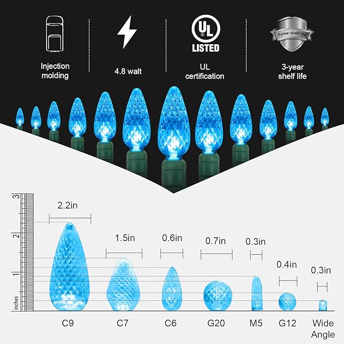 70 Count C6 LED Christmas Lights - 35.5ft Aqua String Lights, Indoor/Outdoor, Commercial Grade, Waterproof, UL | Lumora