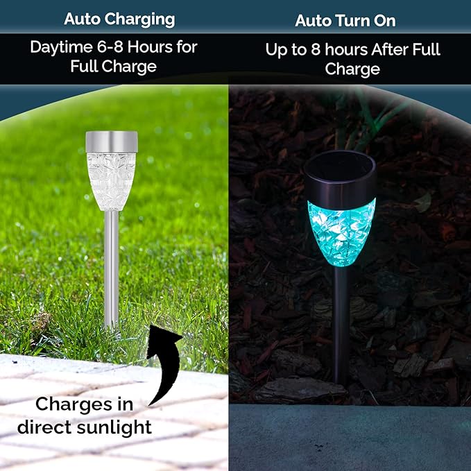 Morvat LED Auto Solar Powered Color Changing Stainless Steel Path Lights for Outdoor Garden Yard Walkway & Pathway, Bright Colored Waterproof Landscape & Patio Colorful Lighting, Dusk to Dawn, 16 Pack