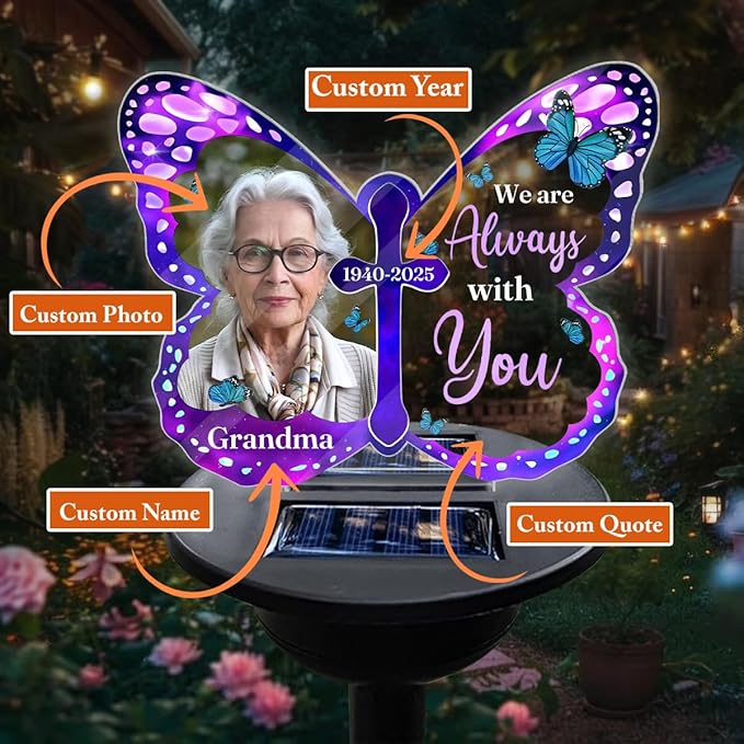 Personalized Memorial Butterfly Solar Light - Custom Photo Memory Acrylic Garden Lights - Decoration Garden Outdoor Grave Light, Sympathy Gifts for Loss of Loved Ones