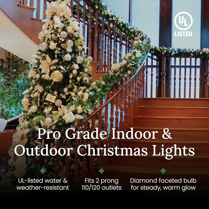 Pro Christmas M5 LED Holiday Lights - 100 Bulbs, 33.3ft - Professional Grade Indoor Outdoor Diamond Cut Sparkle Light Strings for Home Decorations and Christmas Trees - Green