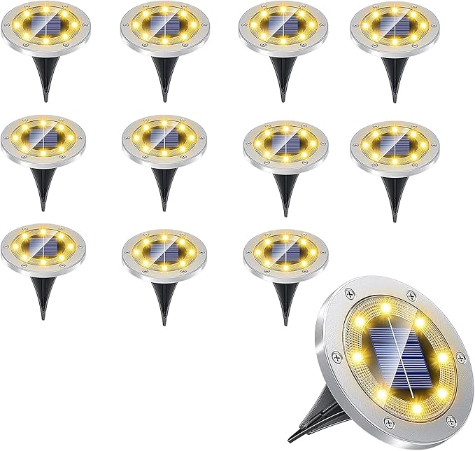 Solar Lights Garden Solar Ground Lights Solar Powered with 8 LED Solar Disk Lights for Pathway Yard Walkway Patio Lawn Path 12PCS