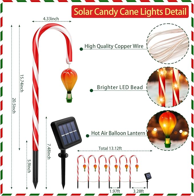 12 Pack Outdoor Solar Christmas Decorations, 180 Bright LED Solar Candy Cane Christmas Lights 8 Lighting Modes | Lumora