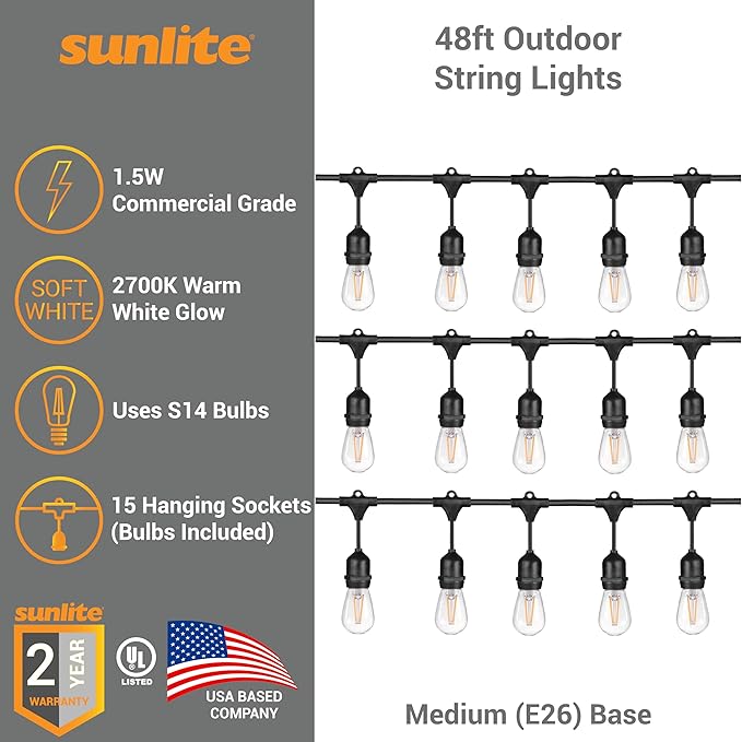 Sunlite 48ft Outdoor String Lights, 1.5W Commercial Grade, Waterproof, Linkable Strands, UL Listed, 15 Hanging | Lumora