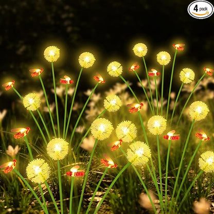 Solar Garden Lights Outdoor, 4 Pack 32 LED, Solar Swaying Dandelion Bee Lights Waterproof, Swaying Firefly Lights for Yard Pathway Lawn Patio Decorations, 2 modes (Steady on, Slow Twinkle), Warm White