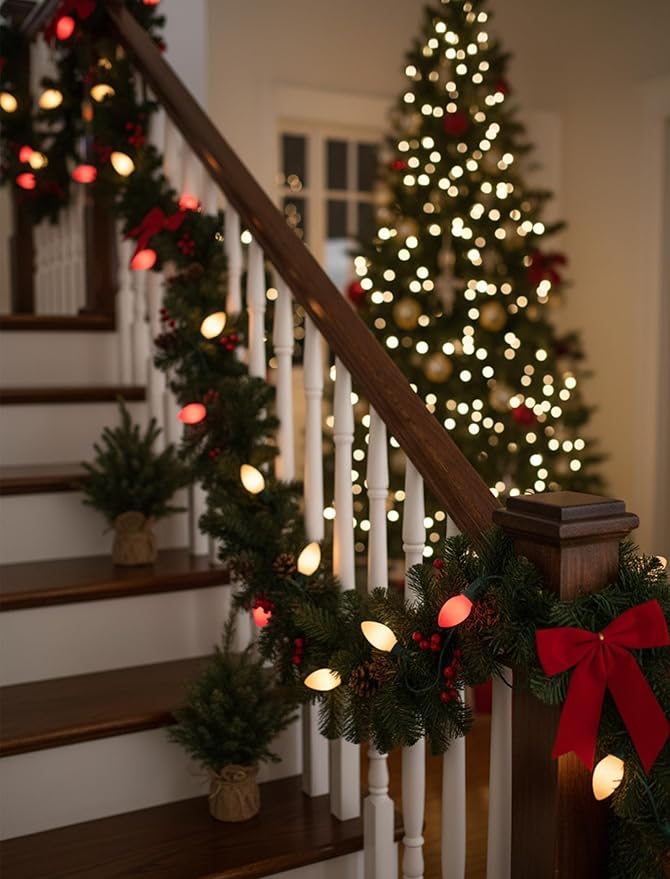 C7 Red/White Incandescent Christmas Lights, 25Ft Valentine's Day Lights with 27 Red/White C7 Ceramic Bulbs,for | Lumora