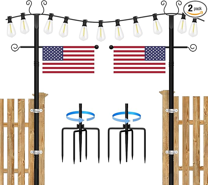 2 Pack String Light Poles - 10 Ft Patio Heavy Metal Lighting Posts, Adjustable Outdoor Stand with Fork for Backyard | Lumora
