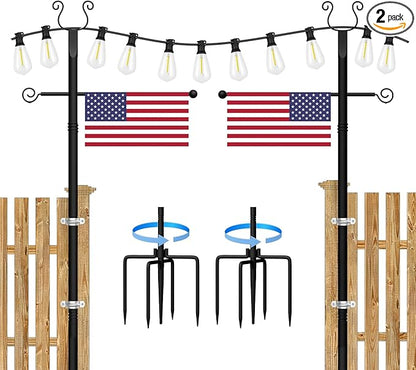 2 Pack String Light Poles - 10 Ft Patio Heavy Metal Lighting Posts, Adjustable Outdoor Stand with Fork for Backyard Deck Garden Wedding