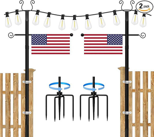 2 Pack String Light Poles - 10 Ft Patio Heavy Metal Lighting Posts, Adjustable Outdoor Stand with Fork for Backyard Deck Garden Wedding