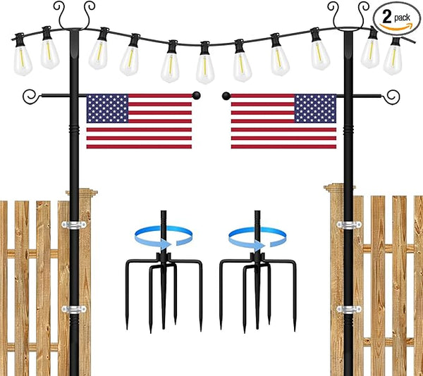 2 Pack String Light Poles - 10 Ft Patio Heavy Metal Lighting Posts, Adjustable Outdoor Stand with Fork for Backyard | Lumora