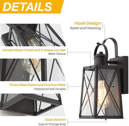 LALUZ Outdoor Wall Lantern, Farmhouse Exterior Porch Light, Outside Weather-Resistant Wall Mount Sconce with Seeded Glass for Patio Garage, Matte Black, ETL Listed, 60W
