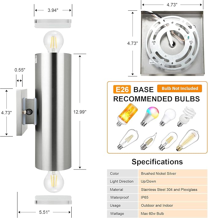 Dusk to Dawn Sensor Outdoor Porch Light, Anti-Rust Waterproof Up Down Metal Cylinder Wall Lights with Stainless Steel 304 for Courtyard Garage Entryway (13" Height, UL Listed, No Bulbs)