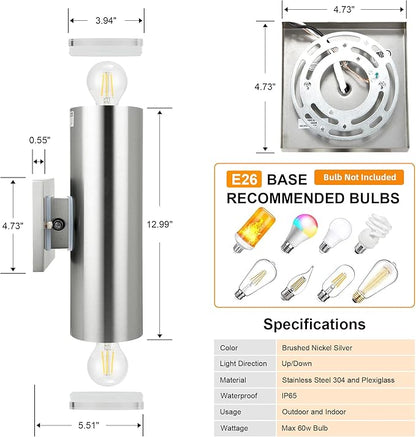 Dusk to Dawn Sensor Outdoor Porch Light, Anti-Rust Waterproof Up Down Metal Cylinder Wall Lights with Stainless Steel 304 for Courtyard Garage Entryway (13" Height, UL Listed, No Bulbs)