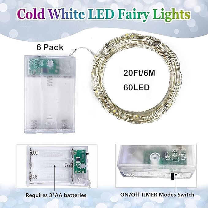 6 Pack Christmas Fairy Lights Battery Operated with Timer, Each 20FT 60LED String Lights Outdoor Indoor, Cuttable | Lumora