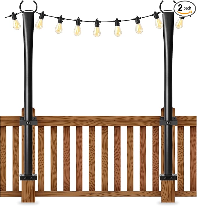 2 Pack String Light Poles for Deck, 5Ft Heavy-Duty Metal Deck Light Poles for Outside with Fixing Clips, Lighting | Lumora