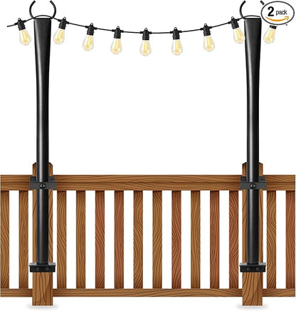 2 Pack String Light Poles for Deck, 5Ft Heavy-Duty Metal Deck Light Poles for Outside with Fixing Clips, Lighting Hanging Post Accessories for Patio Decor Garden Backyard Yard Fence Porch Decorations