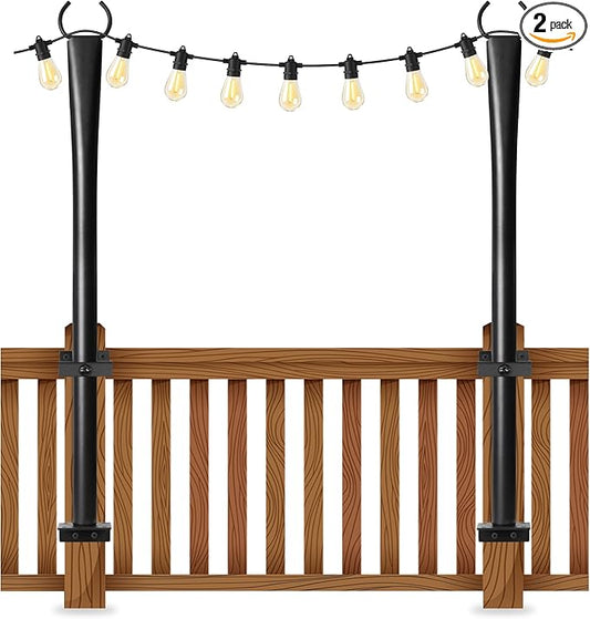 2 Pack String Light Poles for Deck, 5Ft Heavy-Duty Metal Deck Light Poles for Outside with Fixing Clips, Lighting Hanging Post Accessories for Patio Decor Garden Backyard Yard Fence Porch Decorations