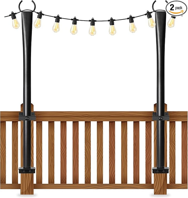 2 Pack String Light Poles for Deck, 5Ft Heavy-Duty Metal Deck Light Poles for Outside with Fixing Clips, Lighting | Lumora
