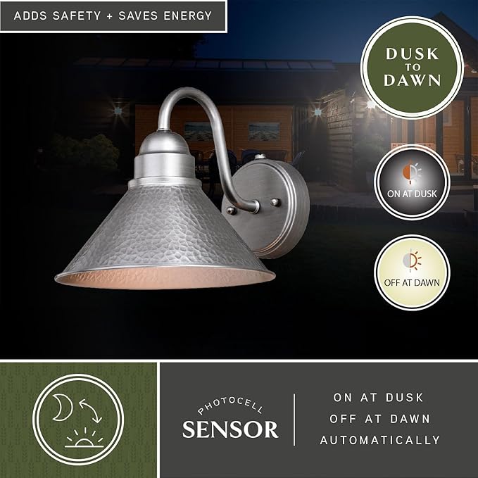 VAXCEL Outland 9 in. H 1-Light Brushed Pewter Dusk to Dawn Sensor Farmhouse Outdoor Wall Sconce, Gooseneck Metal Shade, LED Compatible, Dark Sky Compliant for Exterior Porch Patio Front Door or Garage