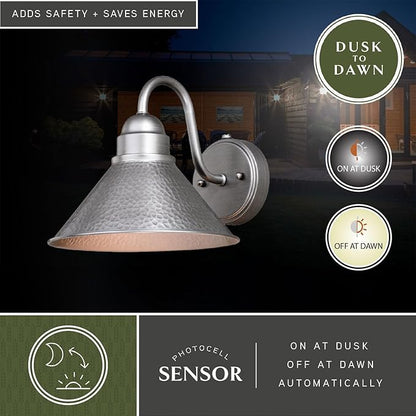 VAXCEL Outland 9 in. H 1-Light Brushed Pewter Dusk to Dawn Sensor Farmhouse Outdoor Wall Sconce, Gooseneck Metal Shade, LED Compatible, Dark Sky Compliant for Exterior Porch Patio Front Door or Garage