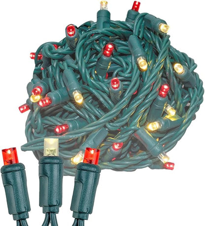 Novelty Lights 25ft 50 LED Red/Warm White Christmas Lights Outdoor/Indoor, 6" Spacing, Green Wire String Lights for Festive Xmas Lighting, IP55, UL Listed, Dimmable, Connectable