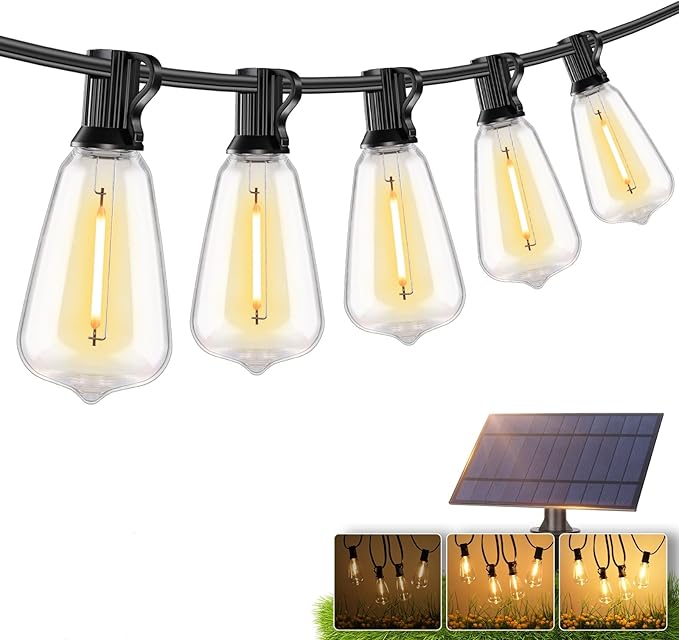 Brightever 75FT Solar String Lights Outdoor Waterproof with Remote, 34+1 Shatterproof ST38 LED Bulbs, 3 Lighting Modes & Warm White, Dimmable Outdoor Solar Lights for Backyard, Bistro, Deck