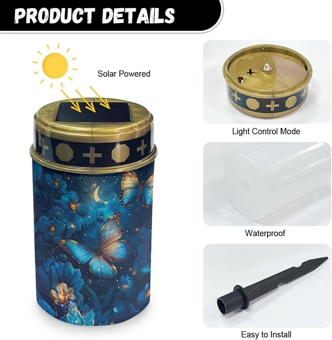 Blue Butterfly Outdoor Solar LED Lights Waterproof Flameless Memorial Lighting Cemetery Solar Lights Dustproof Garden Light Stake for Garden Landscape Pathway Patio Sidewalk Decor
