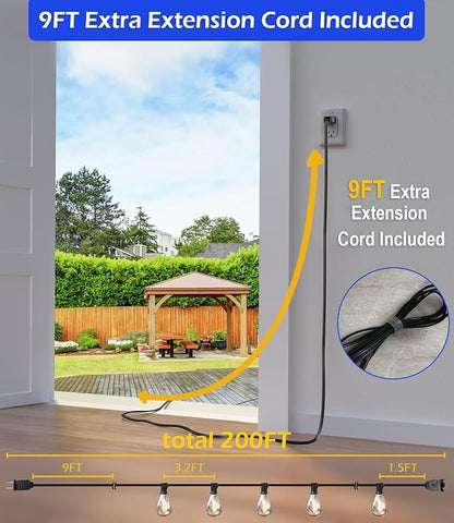 Luckystyle 200FT LED Outdoor String Lights With 60+2 Edison Shatterproof Waterproof Bulbs, 2700K Commercial Grade Patio Lights, Heavy Duty Outside Hanging for Garden Porch Deck Decor