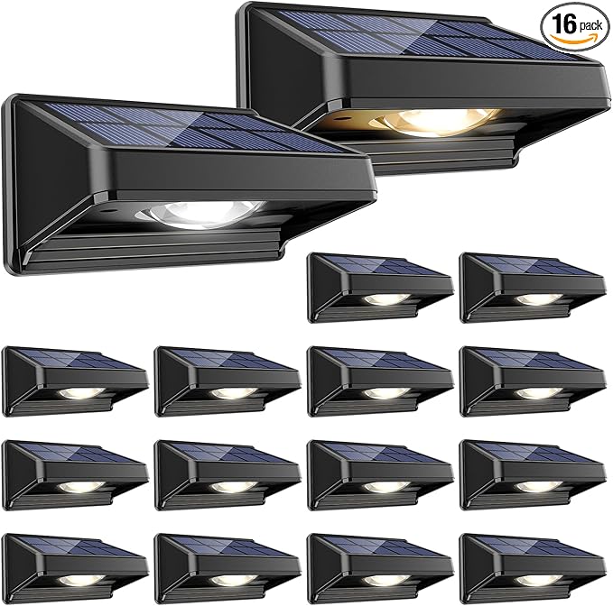 Solar Fence Lights, Warm White & Neutral White & Cool White 3 Modes, Bright Led Powered Lights Outdoor Waterproof Dusk to Dawn Solar Deck Light for Backyard/Railing/Wall/Step/Patio/Porch（16 Pack）