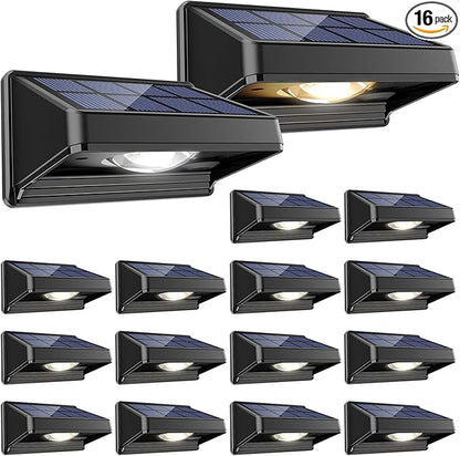 Solar Fence Lights, Warm White & Neutral White & Cool White 3 Modes, Bright Led Powered Lights Outdoor Waterproof Dusk to Dawn Solar Deck Light for Backyard/Railing/Wall/Step/Patio/Porch（16 Pack）