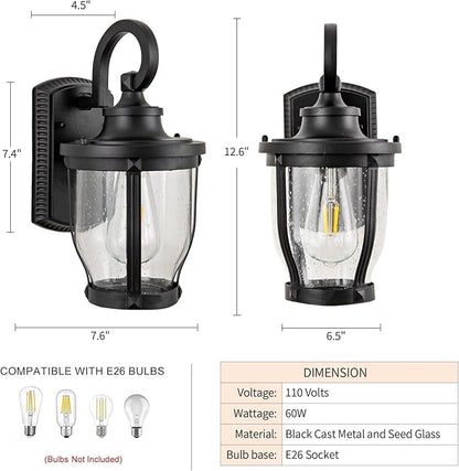 Outdoor Wall Light Fixtures 2packs Exterior Porch Lights 12.7" Lantern Sconce with Seeded Glass Shade Wall Mount Outside Lights for Garage Front Door Pathways Balcony Patio Cafes Black