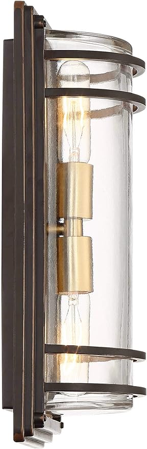 John Timberland Habitat Modern Industrial Outdoor Wall Light Fixture Bronze Warm Brass Steel 16" Clear Glass for Exterior House Porch Patio Outside Deck Garage Yard Front Door Garden Home