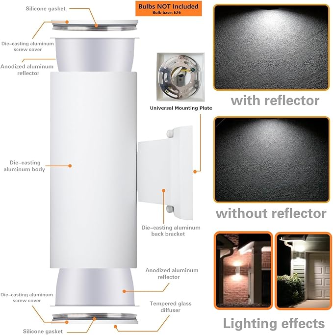 Outdoor Wall Light, Exterior Lighting - ETL Listed, Die-Casting Aluminum Waterproof Wall Mount Cylinder Design - Up Down Light Fixture for Porch, Backyard and Patio (White)