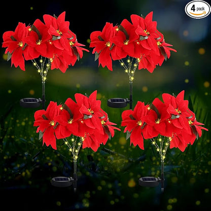 VIHOSE 4 Pcs Christmas Solar Poinsettia Lights Outdoor Artificial Flowers Landscape Waterproof Solar Poinsettia Lights for Yard Lawn Patio Garden Pathway Xmas Party Supplies (10 Flowers,Red)