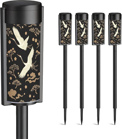 4 Pack Solar Pathway Lights Outdoor Waterproof Japanese seamless crane birds elements Asian oriental decoration such Solar Garden Lights LED Landscape Lighting for Yard Walkway Lawn Garden Decor