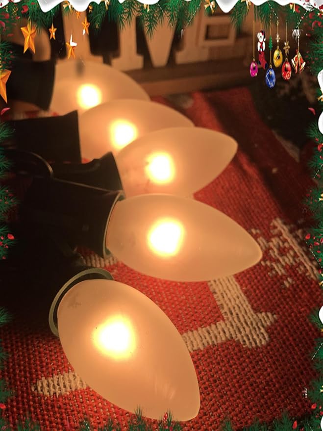 C9 Christmas Lights, 25FT Christmas C9 String Lights with 26 Frosted White Bulbs, Hanging Christmas Decoration Light for Outdoor Patio Party Garden Yard-Green Wire