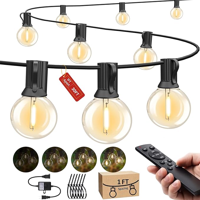 Outdoor-String-Lights-Patio-LED-Light-Outside 30FT Waterproof Dimmable Remote Outdoor Lighting Plastic Globe G40 LED Bulbs Hanging Lights Connectable for Backyard Porch Party 12 inch Far Apart