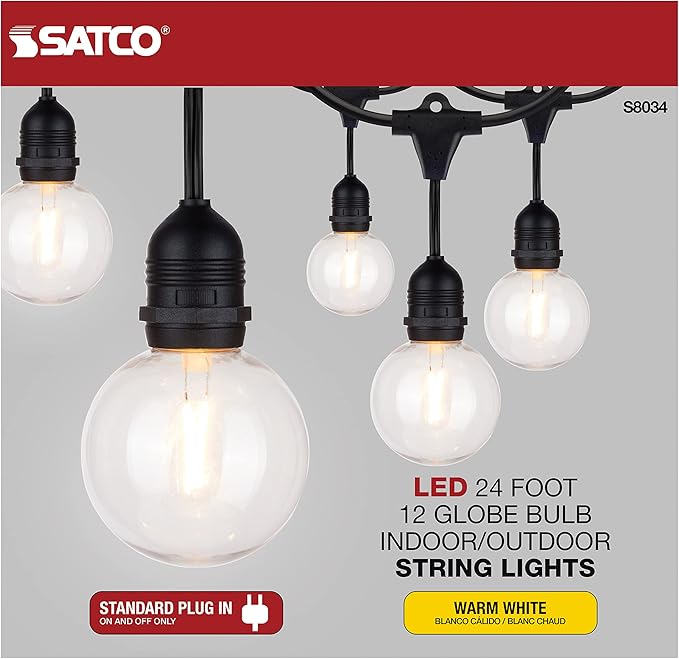 Satco S8034 LED Indoor/Outdoor String Lights, Black, G25 Bulbs, 24 Feet (Pack of 1)