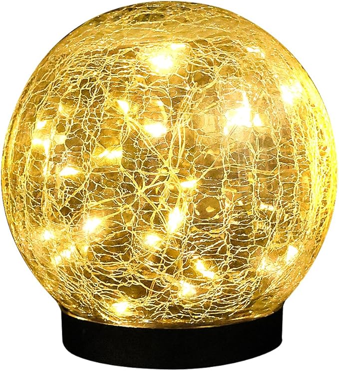 Solar Cracked Quartz Pathway Lights – IP68 Waterproof Dual-Temperature Glow for Garden Safety Artisanal Glass Globe with 10hr Runtime (Patio/Yard Decor) (Warm White)
