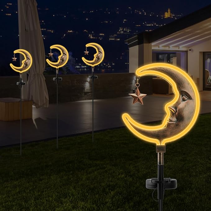 2pack Moom solar garden lights decor, Solar Moon Stars lights outdoor,gifts for Dad,Garden outside decorative,solar powered neon light for pathway,Housewarming Ornament for Yard,Lawn,Patio (Copper)