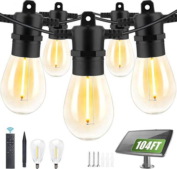 104FT(98+6) Solar String Lights Outdoor Waterproof, Solar Powered Patio Light with 30+2 Dimmable S14 Edison Bulbs | Lumora