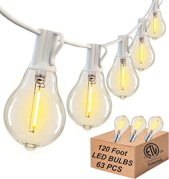 DAMAING Outdoor String Lights 120FT Waterproof Patio Lights with 63 Plastic Dimmable Edison LED Bulbs,Connectable Outdoor Lighting for Backyard,Garden and Wedding Outside, 2200K White Cord