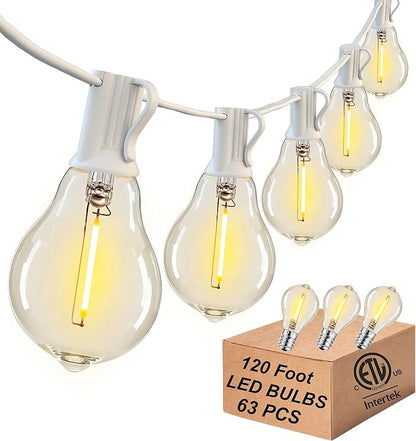 DAMAING Outdoor String Lights 120FT Waterproof Patio Lights with 63 Plastic Dimmable Edison LED Bulbs,Connectable Outdoor Lighting for Backyard,Garden and Wedding Outside, 2200K White Cord
