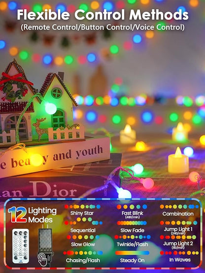 2025 New Connectable 43FT Smart Voice Controlled Globe String Lights Indoor Outdoor | 100LED Multicolor Fairy Twinkle Lights with Remote & Timer | 12 Modes Waterproof Christmas Tree Room Decorations