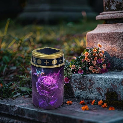 Purple Rose Garden Decor Solar Light Outdoor Stake Patio Yard Lawn Porch Pathway Grave Solar Lights for Cemetery Christmas Outside Waterproof Decorations